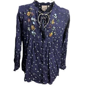 Beautiful ANTHROPOLOGIE Vanessa Virginia Ashton Blouse Top Jeweled Navy Blue Vis